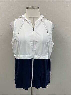 Chico's White and Navy Sleeveless Hooded Zip Vest